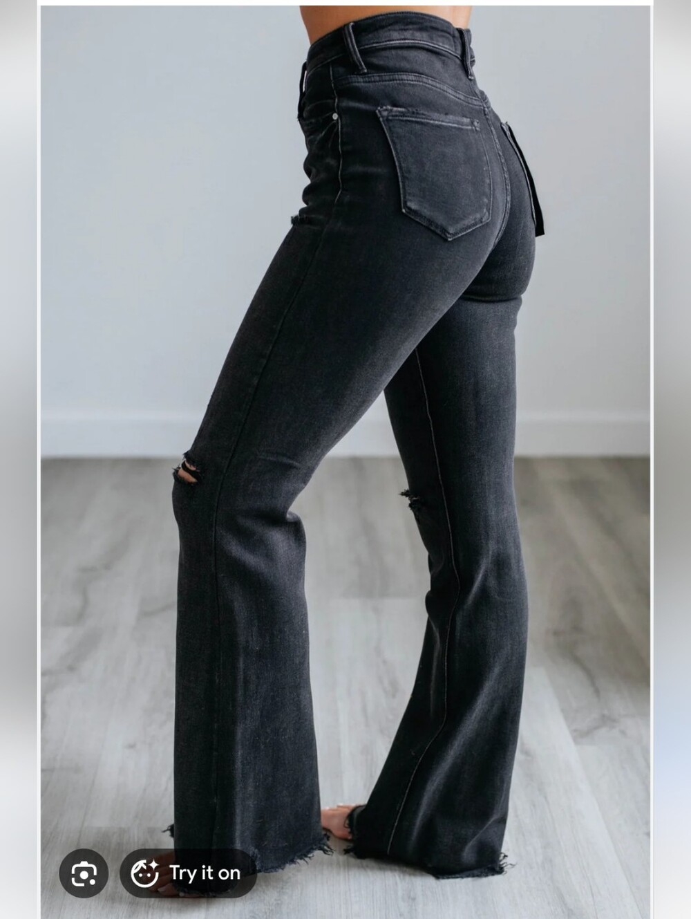 Risen Bentley Black High-Rise Distressed Flare Jeans Raw Hem - Picture 2 of 7
